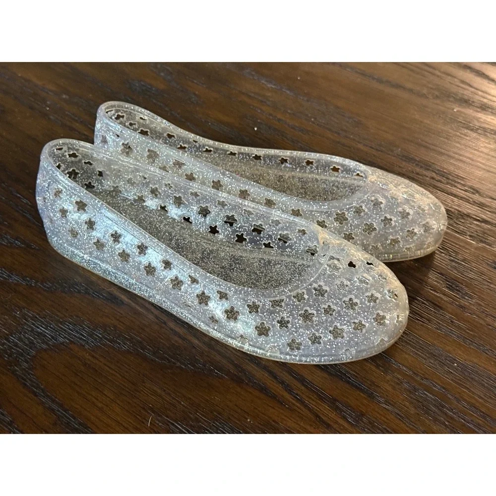 Old Navy Jelly Ballet Flats Girls Size 3 Clear Glitter Excellent Star Cutout